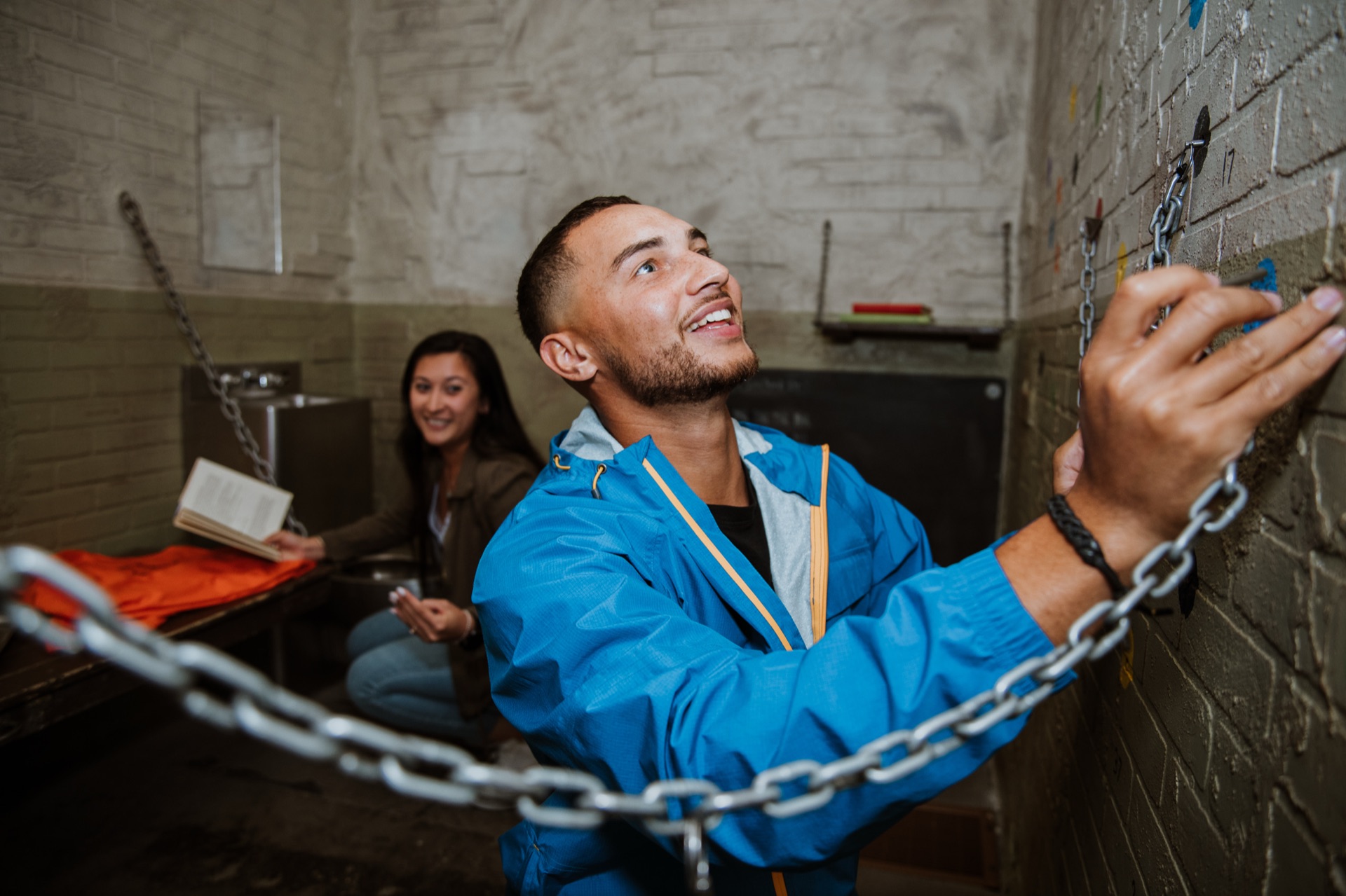 One of the two identical C-Block Prison Break cells used for head-to-head escape room races at Escape Experience Nashville
